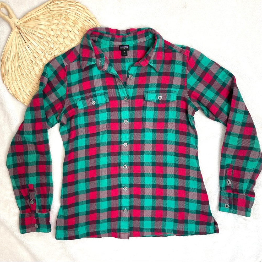 Patagonia Fjord Flannel Long Sleeve Shirt 6 Small Organic Cotton Pink Red Green